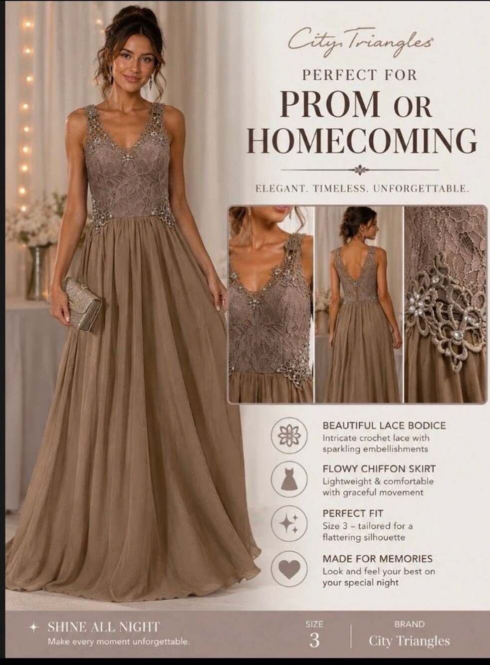 City Triangles Size 3 Lace Chiffon Formal Gown Prom Homecoming Taupe Beaded